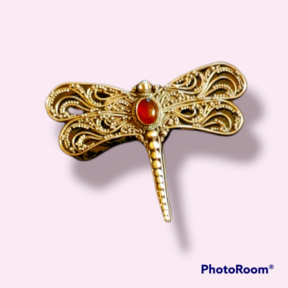 Vintage Navajo sterling silver with amber accent dragonfly brooch